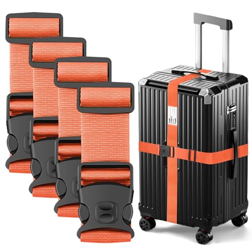 Image of BILIONE Luggage Straps Adjustable Suitcase Belt, Lockable Against Accidental Opening, Easy to Identify Travel Accessories, Add a Bag Connector Holds Suitcase (Vivid Orange, 4 Pack)