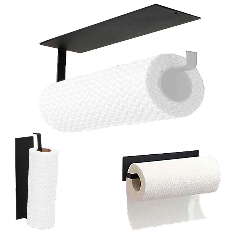 AMERTEER Longer Version Paper Towel Holder Wall Mounted - Paper Towel Holder Under Cabinet, Toilet Roll Holder Self Adhesive, Towel Tissue Paper Hanger For Bathroom, Kitchen (No Drilling, Black)