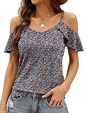 Blingfit Women Short Sleeve Strappy Cold Shoulder T-Shirt Tops Blouses Sexy V Neck Large