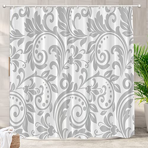 Batmerry Gray and White Shower Curtain,Victorian Style White Flower On Grey Pattern Shower Curtain,Waterproof Fabric Shower Curtains for Bathroom with 72x72 inches