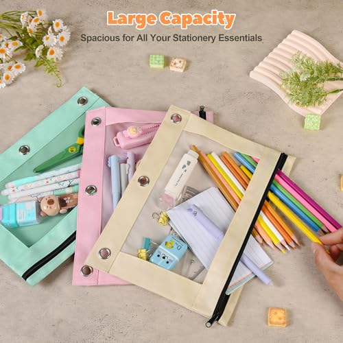 Image of Lanpn Pencil Pouch for 3 Ring Binder 72 Pack, Pastel Binder Pen Bags Bulk with Zipper, Aesthetic 3 Holes Pencil Holder Organizer for Boy Girl Kids School Student, Reinforced Grommets & Clear Window