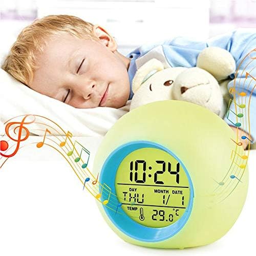 YUES Kids Alarm Clock,LED Bedside Clock with Wake-up Light 7 colors,6 Sounds,Snooze Function,Backlight,Temperature and Calenda, Pink