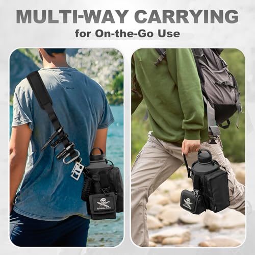 Image of Tactical Half Gallon Water Bottle with Straw | 64 oz Insulated Water Jug with 3 BPA Free Lids, Handle, Strap, MOLLE System for Gym Workout Hiking - Black