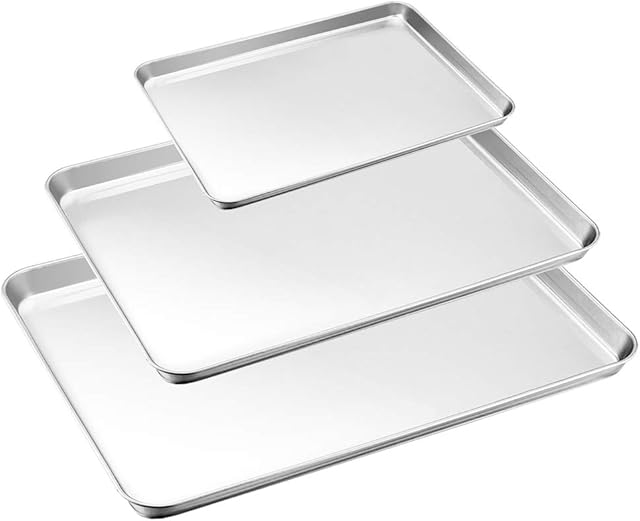 Baking Tray Set of 3, HaWare 18/0 Stainless Steel Baking Pans, Toaster Oven Tray, Cookie Sheet, Non Toxic & Healthy, Mirror Finish & Less Stick, Easy Clean & Dishwasher Safe - (3 Different Sizes)