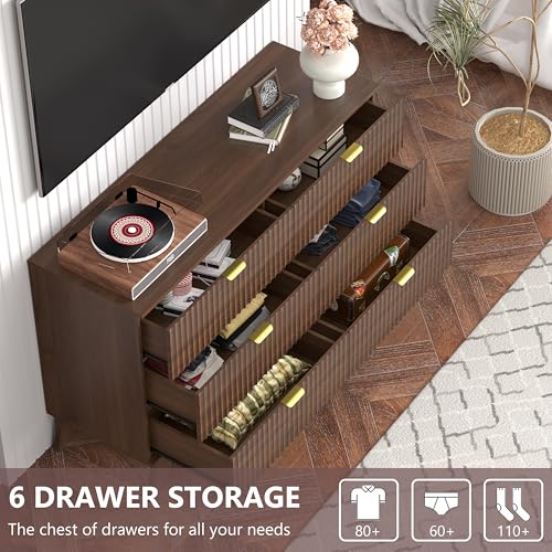 Image of Dresser 6 Drawer Dresser for Bedroom, 47''W Fluted Wooden Dresser Storage Cabinet and Chest of Drawers with Metal Handle, Storage Organizer for Living Room, Hallway, Entryway, Walnut