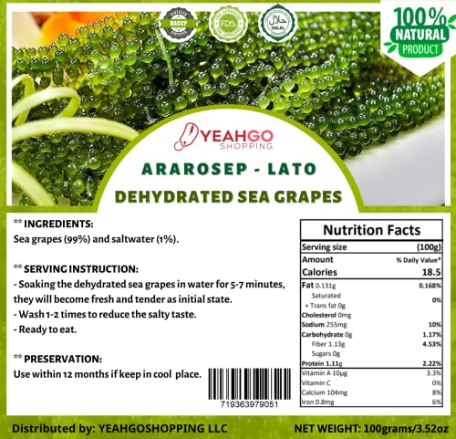 Yeahgoshopping Dried Sea Grapes, Fresh Organic Seaweed, Umibudo, Dehydrated Caulerpa Lentillifera to Eat with Salad, Sushi, Meat and Fish - 100% Natural Green (100gram/ 3.52 Oz) - Thumbnail 3