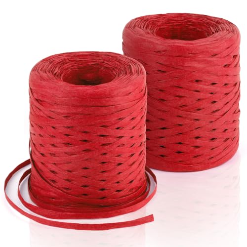 Image of BEVTEE 436 Yards Raffia Yarn for Crochet, Ribbons for Crafts,Red | Paper Ribbon for Wrapping Christmas Crafts DIY Decoration, Easy to Tie, Perfect for Basket Weaving Supplies