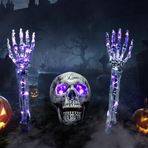 Joellfuner Halloween Decoración: Set de Esqueleto con Cabeza de Muerte y Manos Iluminadas,...