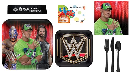 WWE Party Supplies Birthday Bundle - Including Plates, Napkins, Utensils, and Bonus Printed Ribbon