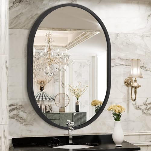 JJUUYOU Espejo ovalado con marco de metal negro, espejos de baño para pared, 40 x 30 cm, pequeño espejo de aleación de aluminio, decorativo para baño, sala de estar, dormitorio, entrada, pasillo