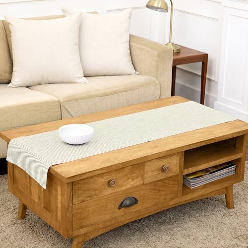 Solino Home 100% Linen Table Runner, 14 x 60 in, Avocado and White Striped