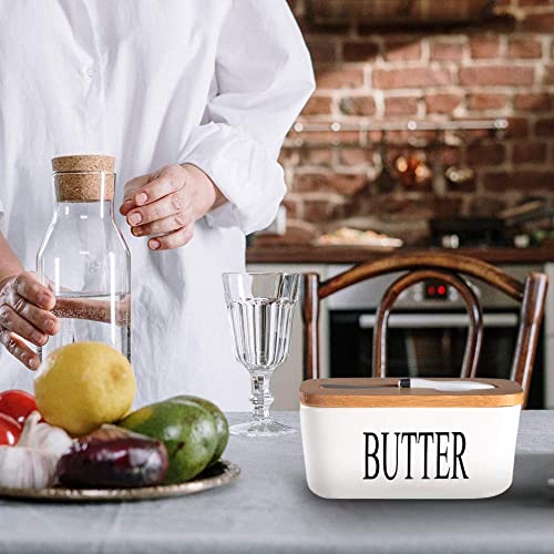 Image of Ceramic Butter Dish with Wooden Lid and Stainless Steel Knife, Large Butter Container Keeper with Bamboo Cover and Silicone Sealing Ring for West and East Coast Butter (White)