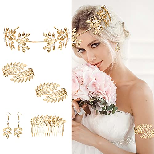 FUNRUN JEWELRY 6Pcs Greek Goddess Costume Accessories Set for Women Leaf Headband Bracelet Armband Golden Laurel Leaves Crown Costume Headband Bridal Wedding Headpiece (Gold)