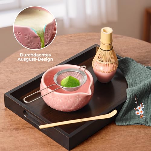 Souvik Matcha Set – 7-teiliges Matcha Tee Set für Zeremonie, Ceremonial Matcha mit Matcha-Schüssel mit Ausguss, Bambusbesen & Zubehör – Geschenkset für Matcha-Liebhaber, Rosa