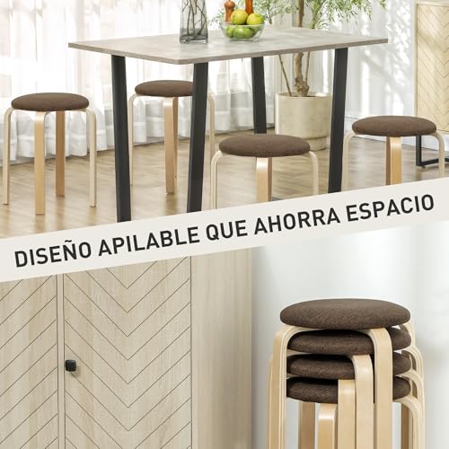 HOMCOM Juego de 4 Taburetes Apilables Redondos Taburetes Bajo de Cocina de Madera con Asiento Acolchado para Comedor Dormitorio Oficina Salón Marrón y Natural - imagen 4