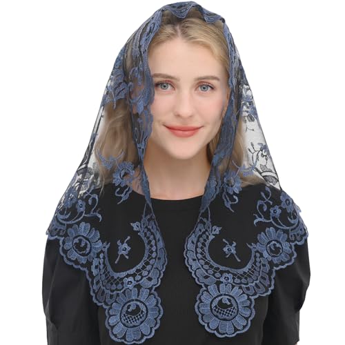 Spanish Mantilla Church Prayer Veils Blue Catholic Mass Chapel Veil First Coummunion Women‘s Church Mantilla Head Covering Latin Mass Veil (Blue&Black)
