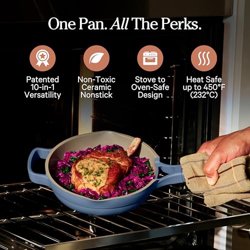 Image of Our Place Mini Always Pan | 8.5 inch Ceramic Pan with Modular Lid & Beechwood Spatula | Patented 10-in-1 Nonstick, Non-Toxic Cookware Made Without PFAS | Induction & Oven-Safe up to 450F | Blue Salt