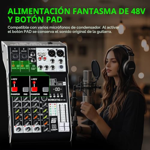 Miniatura 5 de Sowoitig Consola Mezcladora De Audio De 4 Canales Con 99 Efectos Dsp, Mezclador Digital Para Dj, Mezclador Profesional Con Usb, Bluetooth, Alimentación Fantasma De 48 V