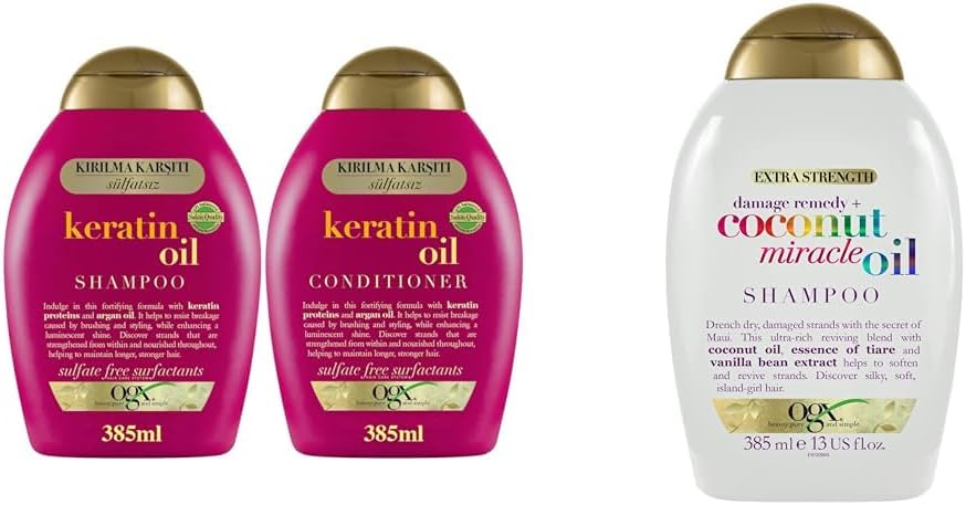 OGX Keratin Oil Kırılma Karşıtı Sülfatsız 385 mL Şampuan + 385 mL Saç Kremi 2'li Set ve Ogx Yıpranma Karşıtı Sülfatsiz Coconut Miracle Oil Şampuan 385 ml