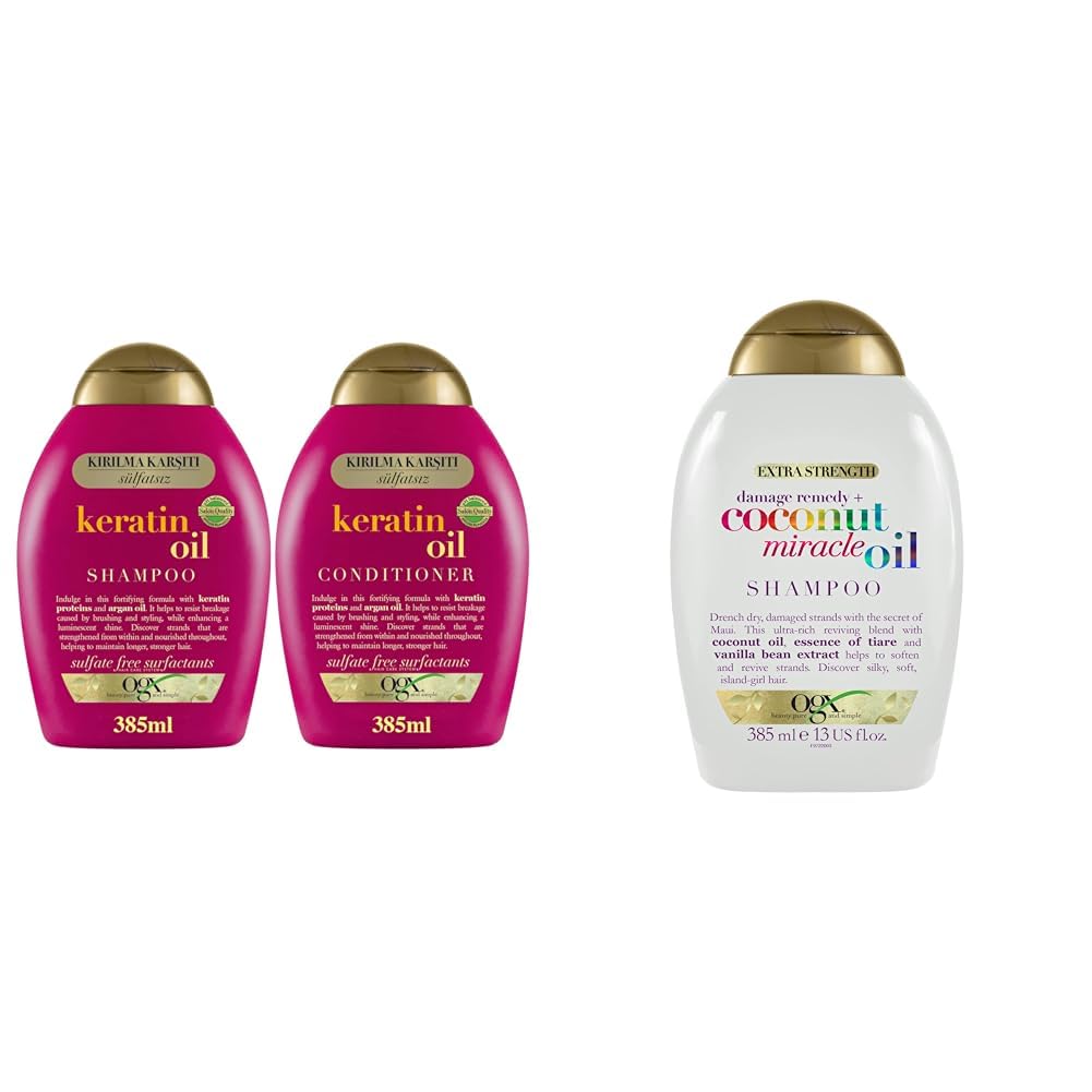 OGX Keratin Oil Kırılma Karşıtı Sülfatsız 385 mL Şampuan + 385 mL Saç Kremi 2'li Set ve Ogx Yıpranma Karşıtı Sülfatsiz Coconut Miracle Oil Şampuan 385 ml