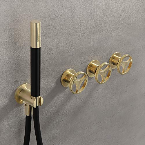 Skowll Shower Faucet Set Wall Mount 8 Inch Shower Head Valve System Industrial Shower Mixer Set 3 Handle Rain Shower Fixtures Set, Brushed Gold #TOP6