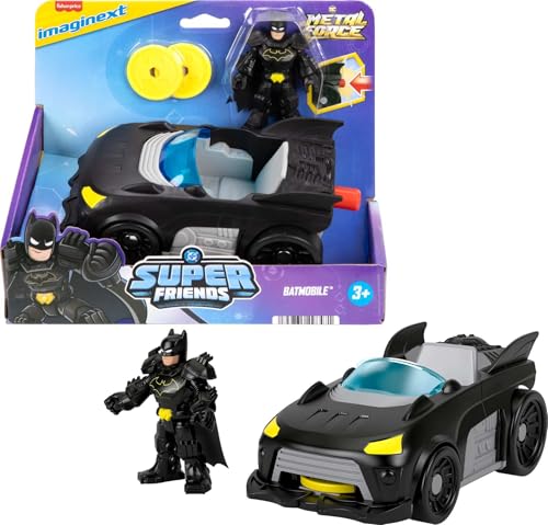 Fisher-Price Imaginext DC Super Friends Metal Force Batmobile Toy Car, 3-inch Batman Action Figure & Accessories Set, Includes Launcher & 2 Discs