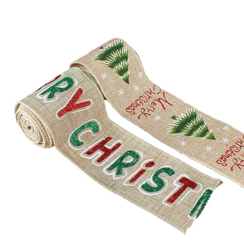 2 Pcs Christmas Ribbon Wired, Christmas Ribbon, Burlap Wired Tree Decorations, Festive DIY Craft Bows Decorating, Gift Wrapping