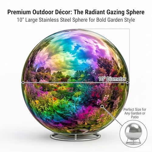 Topadorn 10'' Stainless Steel Gazing Globe Ball, Mirror Gazing Ball for Garden Decorations, Reflective Globe Ball for Outdoor Patio & Yard, Multi-Color Rainbow by Topadorn - Image 3