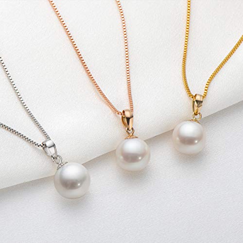 18K Gold Freshwater Cultured White Pearl June Birthstone Necklace 9-10Mm Single Pearl Pendant With Sterling Silver Chain, Pearl Jewelry Gifts For Women Mom Girlfriend - Yellow Gold #TOP3