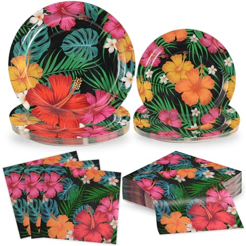 60Pcs Tropical Night Party Tableware Set Tropical Hawaiian Luau Plates with Napkins Serves 20 Guests Disposable Dinnerware Cutlery Set for Aloha Summer Beach BBQ Pool Birthday Party Supplies Black