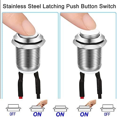 Gebildet 3 Pcs Prewired Waterproof Push Button Latching Self-Locking Stainless Steel Push Button On Off 12mm 2A 12V/24V/125V/250V AC (High Head)
