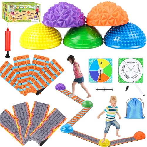 Stepping Stones for Kids, Textured Balance Pods and Floor Mats Set, Inflatable Balance Ball for Kids Boys Girls and Adults, Obstacle Course Sensory Toys for Indoor Outdoor Play Family Fitness Fun