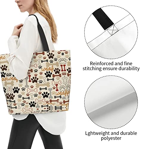 Bxuoe Dog Bones Paw Prints Canvas Tote Bag Large Women Reusable Beach Bags Shoulder Bag Handbag Waterproof For Travel Grocery Shopping, One Size #TOP1
