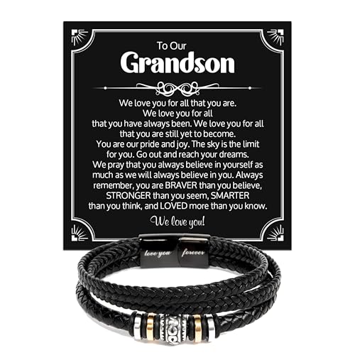 SIGNIXA To Our Grandson Bracelet from Grandpa and Grandma - Love You Forever Engraved Leather Wristband with Inspirational Message Card - Sentimental Birthday Graduation Gift for Men Teen #07