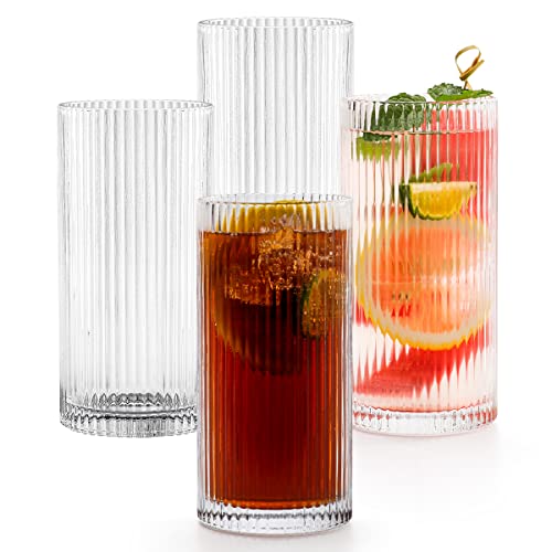 Quyimy Gin Glasses Ripple Highball Drinking Glasses Set of 4 Cocktail Tall stemless Glasses with Glass Straw and Brush, Vintage Ribbed Glassware, Ideal for Cocktail Coffee Soda Juice Rum, 445ML/15oz