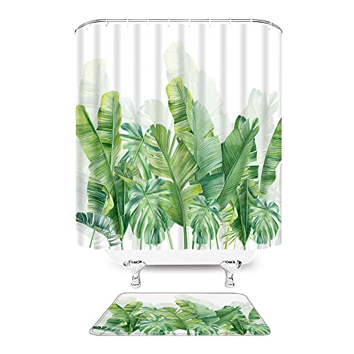 Palm Leaf Shower Curtain Tropical Banana Leaf Sage Green Monstera Leaves Summer Jungle Plant Rainforest Botanical Decor Fabric Bathroom Curtain With Hook #TOP4