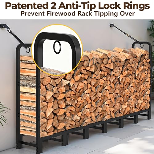 Amagabeli 8ft Firewood Log Rack Outdoor Heavy Duty Logs Holder for Fireplace Indoor Outdoor Adjustable Wood Racks for Fire Wood Holder Metal Pile Stand Storage Stacker Organizer Black