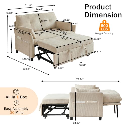 Image of 51.18'' 3-in-1 Convertible Sofa Bed, Pull Out Couch with 5-Position Adjustable Backrest and Side Pockets Sleeper Sofa for Living Room, Apartment, Easy Assembly