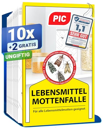 PIC Lebensmittelmotten Falle - 12 Lebensmittelmottenfallen - Mottenfalle mit Pheromon für ideale Wirkung - Mottenfalle Lebensmittel - Effektive Klebefallen zur Befallsermittlung von Lebensmittelmotten