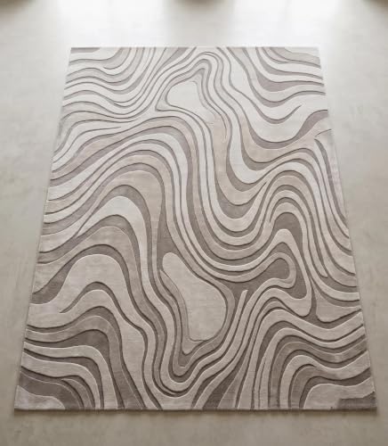 Image of Hand Tufted Premium Wool Abstract Topographic Wave Design Carpet, Modern Geometric Pattern Carpet for Living Room, Bedroom, Office & Home Decor Size 12x18 Feet