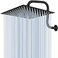 Voolan Rain Shower Head with Goose Neck Curve Arm, All Metal Waterfall Rainfall Showerhead, High Flow Bathroom Square Large Shower Head (12’’ Shower Head with 13’’ Shower Arm, Black)