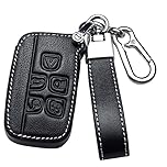 ontto Leather Car Key Fob Cover fit for Land Rover Defender Discovery Evoque LR4 fit for Range Rover Sport fit for Jaguar Key Case Keyring keychain Smart key Holder Protector accessories Black A
