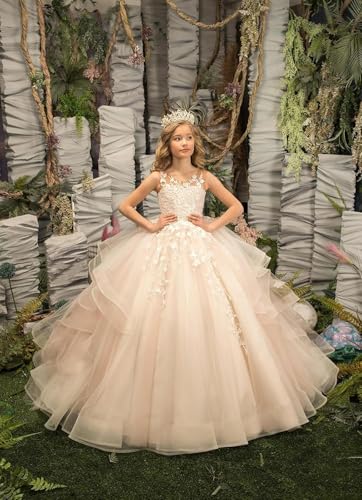 Girl's Pageant Dresses for Girls Long Tulle Flower Girl Dress for Wedding Lace Applique Kids First Communion Dress2