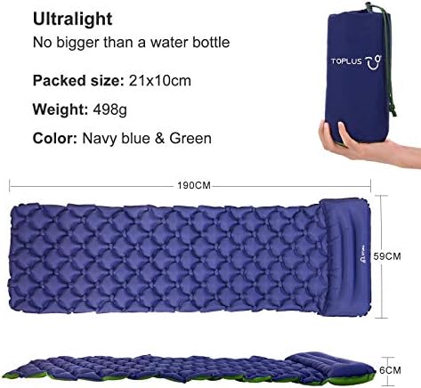 TOPLUS Camping Mat with Pillow, Camping Air Mattress, Folding Single Inflatable Sleeping Pad for Outdoor Backpacking, Hiking, Traveling, Waterproof, Lightweight, Portable (Navy Blue + Green)