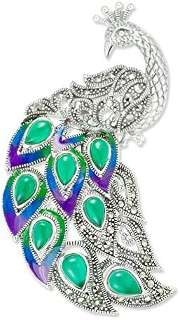 925 Sterling Silver and Switzerland Marcasite Muticolor Peacock Brooch Pin