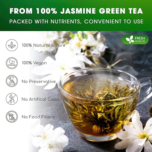 Image of FreshDrinkUS, Premium 135 Jasmine Green Tea Bags, 100% Natural & Pure from Jasmine Green Herbal Tea. Made with Natural Material Tea Bags. No Sugar, No Caffeine, No Gluten, Vegan.