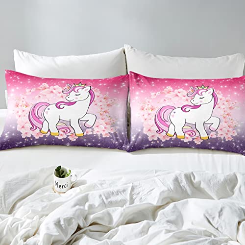 Erosebridal Unicorn Bed Sheets Full Glitter Bedding Set Cherry Blossoms Sheet Set Kids Cartoon Kawaii Animal Fitted Sheet Ombre Galaxy Stars Fantasy Girls Room Decor Flat Sheet Aesthetic Pink Purple #TOP4
