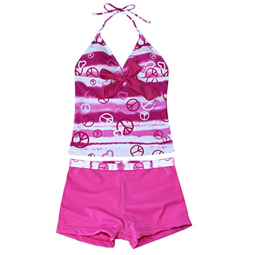 iEFiEL Big Girls Youth Peace Signs Heart Print 2 Piece Tankini Swimwear Swimsuit Hot Pink Size 12