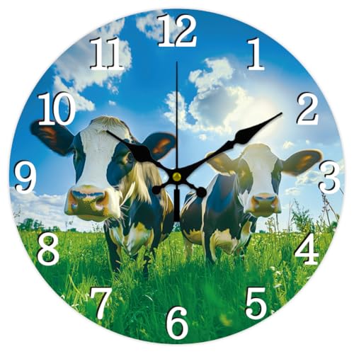 CHGCRAFT Horloge Murale Ronde Silencieuse à Piles Motif Vaches Vertes 12(5) cm Décorative pour Bureau Maison Salon Chambre Salle de Bain Cuisine