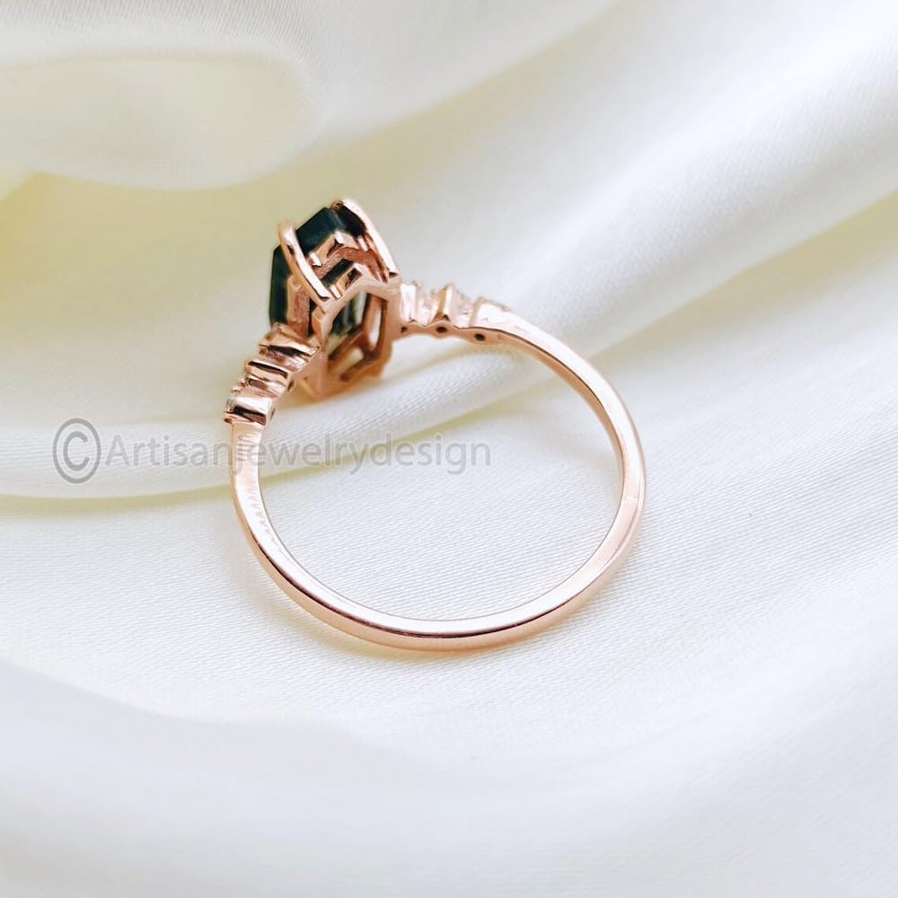 Moss Agate Silver Ring, Handmade, 925 Sterling Silver, Hexagon Gemstone, Cubic Zirconia, Rose Gold, Hip Hop, Statement, Delicate, Gift For Wife